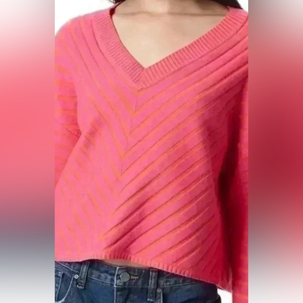 Circus NY by Sam Edelman V-Neck Textured Rib Cropped Sweater~pink/orange~NWOT~ M